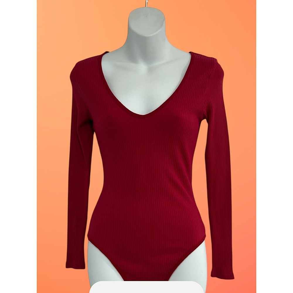 Elegant Deep Red V-Neck Bodysuit Burgundy Top Shirt